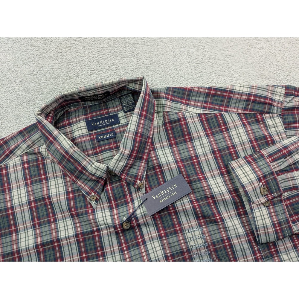 Van Heusen Mens XXL Plaid Button Down Shirt Red Blue Wrinkle Free Long Sleeve